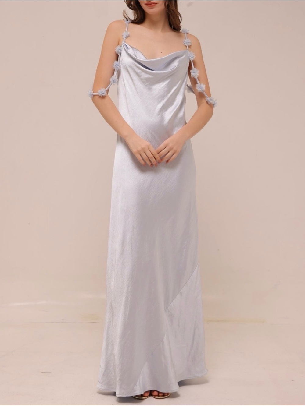 Caroline Constas Pale Silvery Blue Satin Flower Maxi Dress